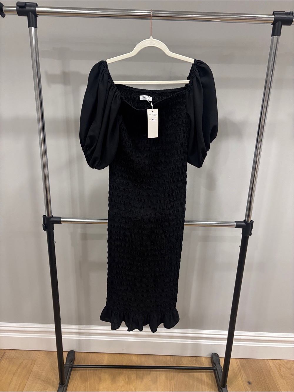 Smocked Black Midi Dress with Puff Sleeves